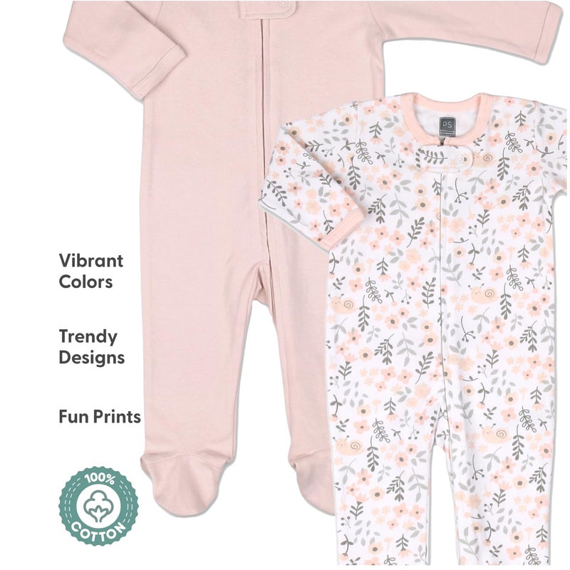 The Peanut Shell The Peanutshell Baby Sleepers for Girls 3-Pack - Newborn Clothes, Soft Cotton Baby Girl Footed Pajamas, Newborns Clothes Gift Set - Flower Pink - Image 3